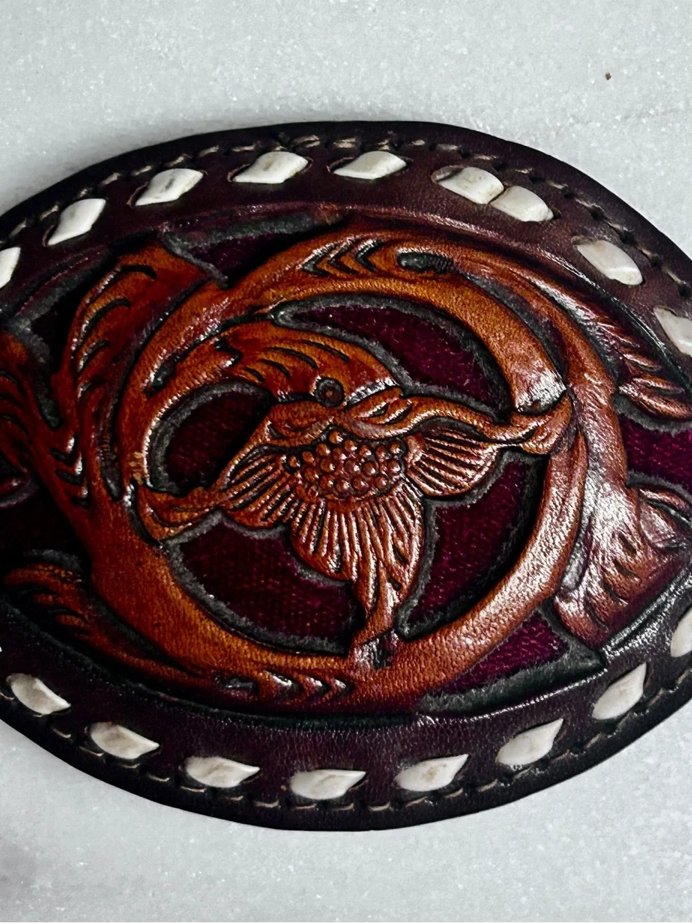 Vintage ~Hand-Tooled Brown Floral Leather Backstitching Belt Buckle W/Red Inlay